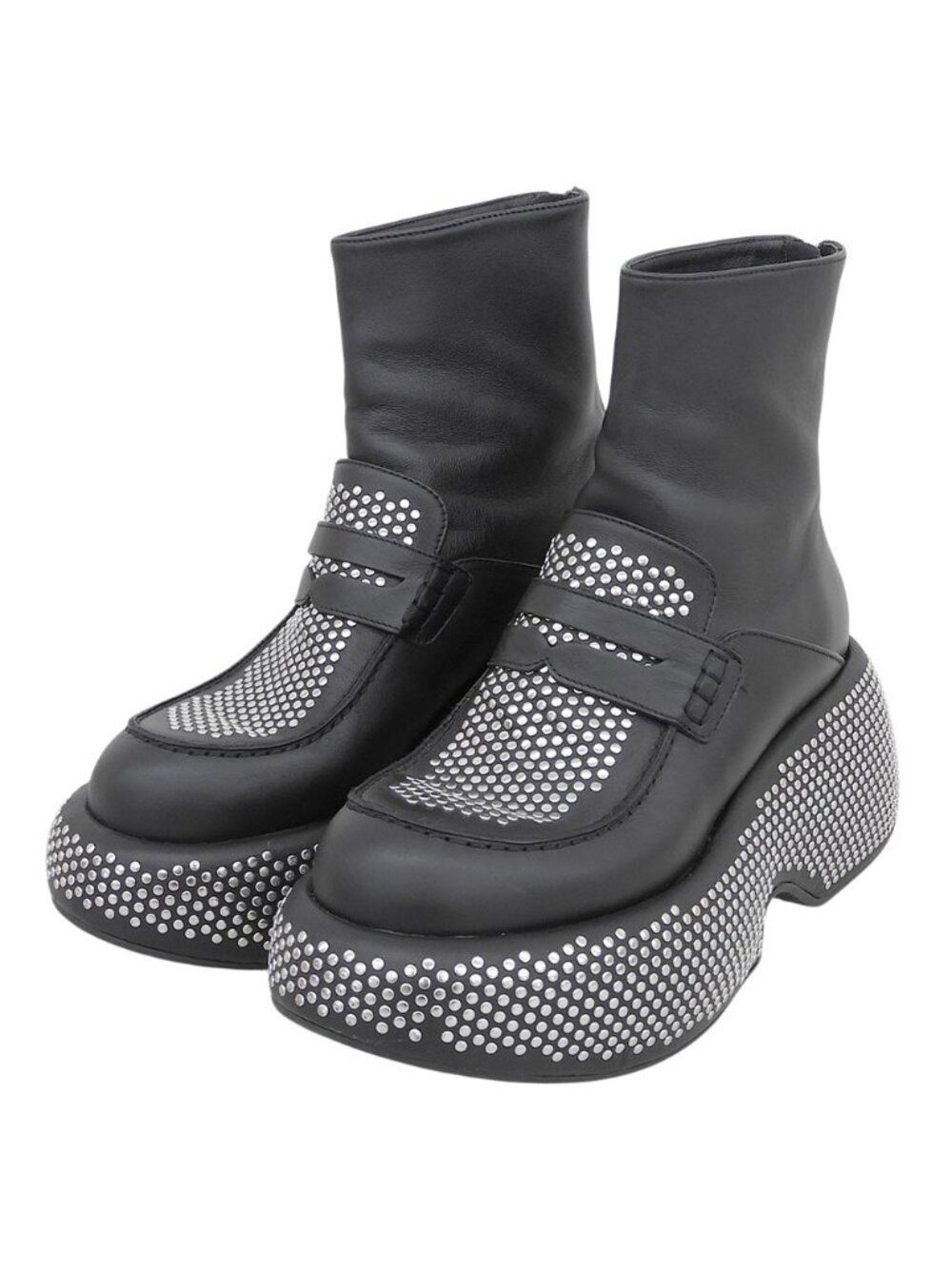 Loewe Leather Silver Studded Back Zip Thick Sole Ankle Boots Black